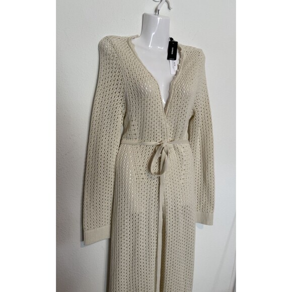 Crochet Boho Duster XS Ivory Womens Festival Hippie Long Cardigan Belted New - Picture 2 of 10
